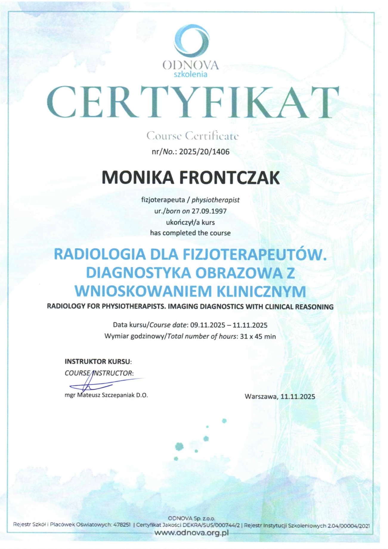 Certyfikat radiologii