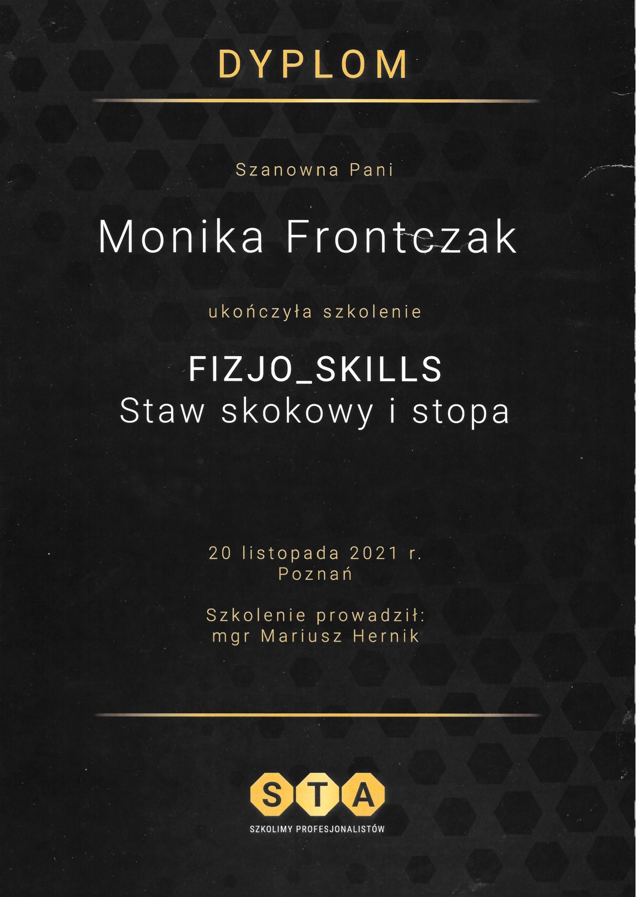Certyfikat terapii stawu skokowego