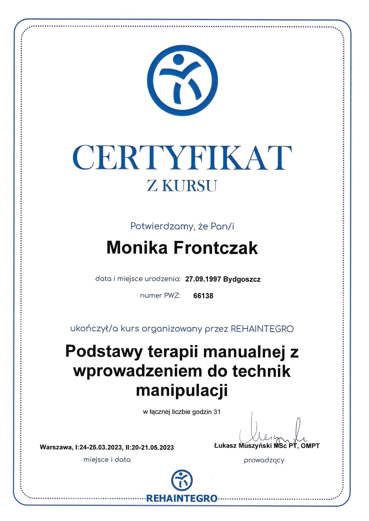 Certyfikat terapii manualnej
