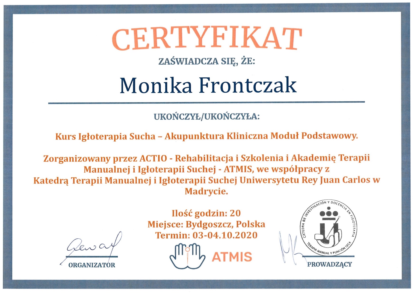 Certyfikat igłoterapii suchej