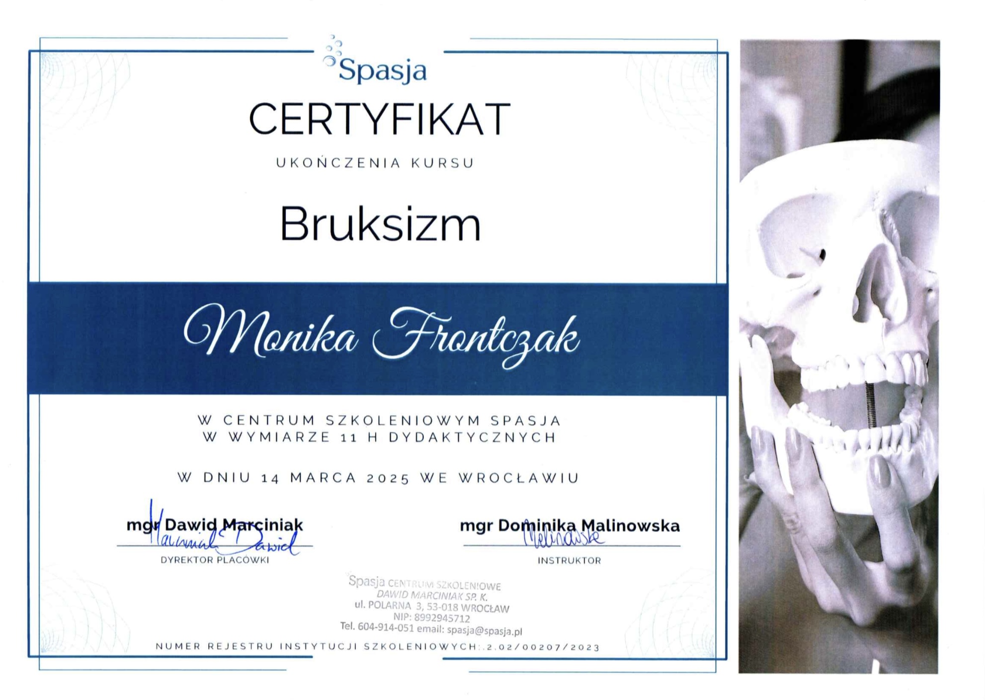 Certyfikat terapii bruksizmu