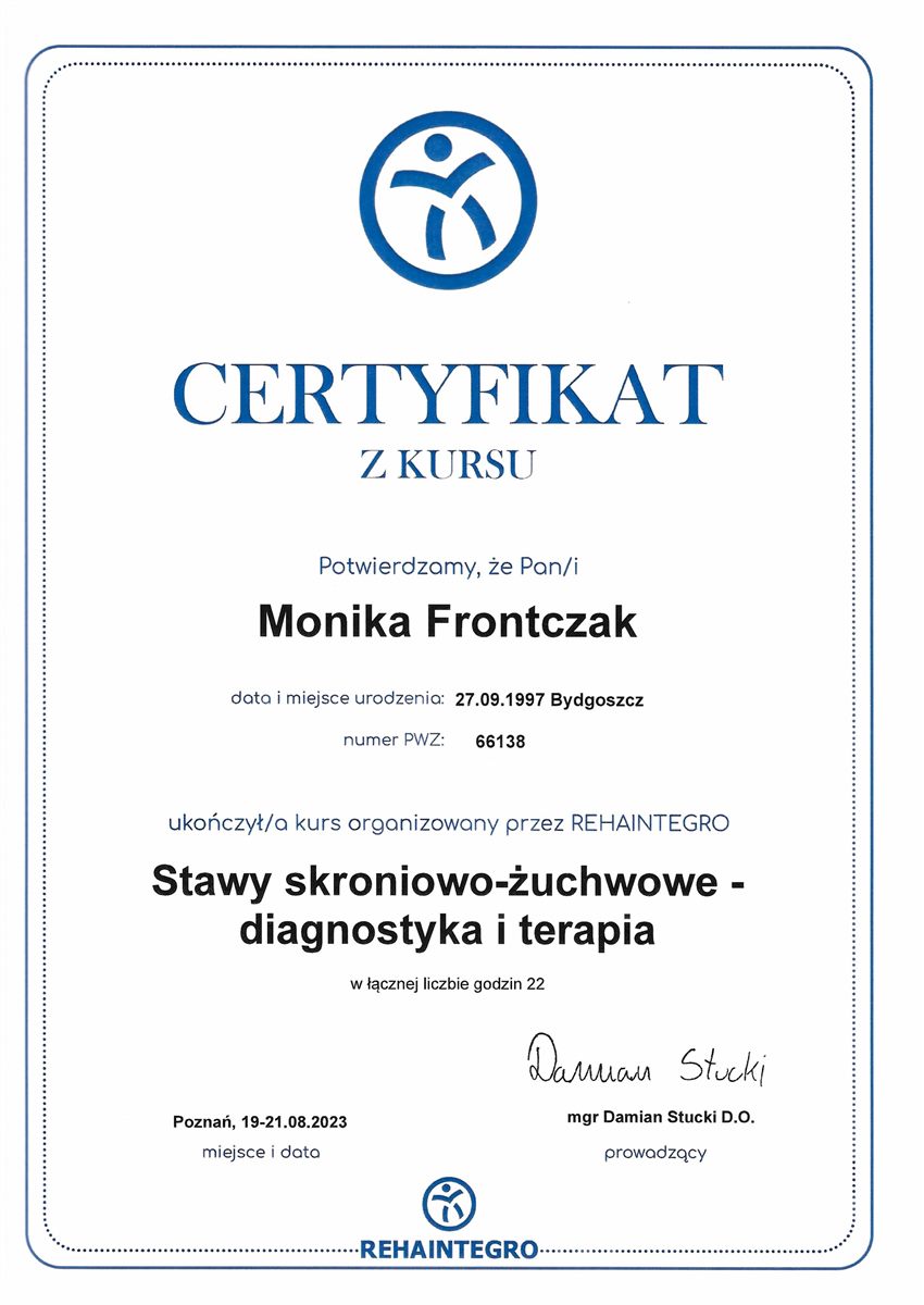 Certyfikat terapii stawu skroniowo-żuchwowego
