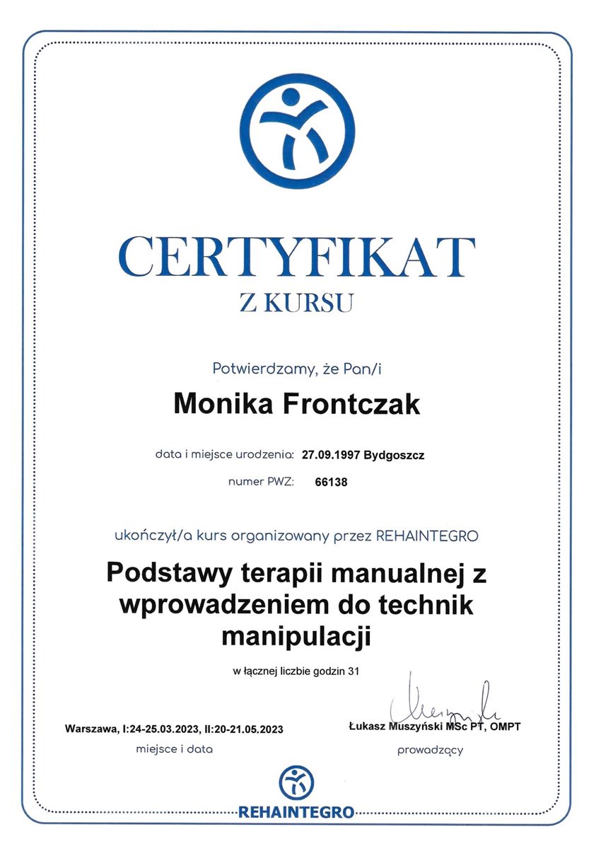 Certyfikat terapii manualnej