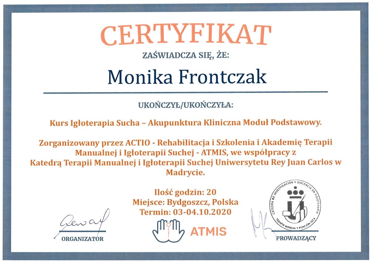 Certyfikat igłoterapii suchej
